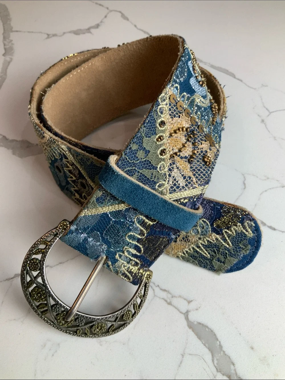 ✨ Chico's Embroidered Beaded Boho Laced Leather Statement Belt Size Small up to